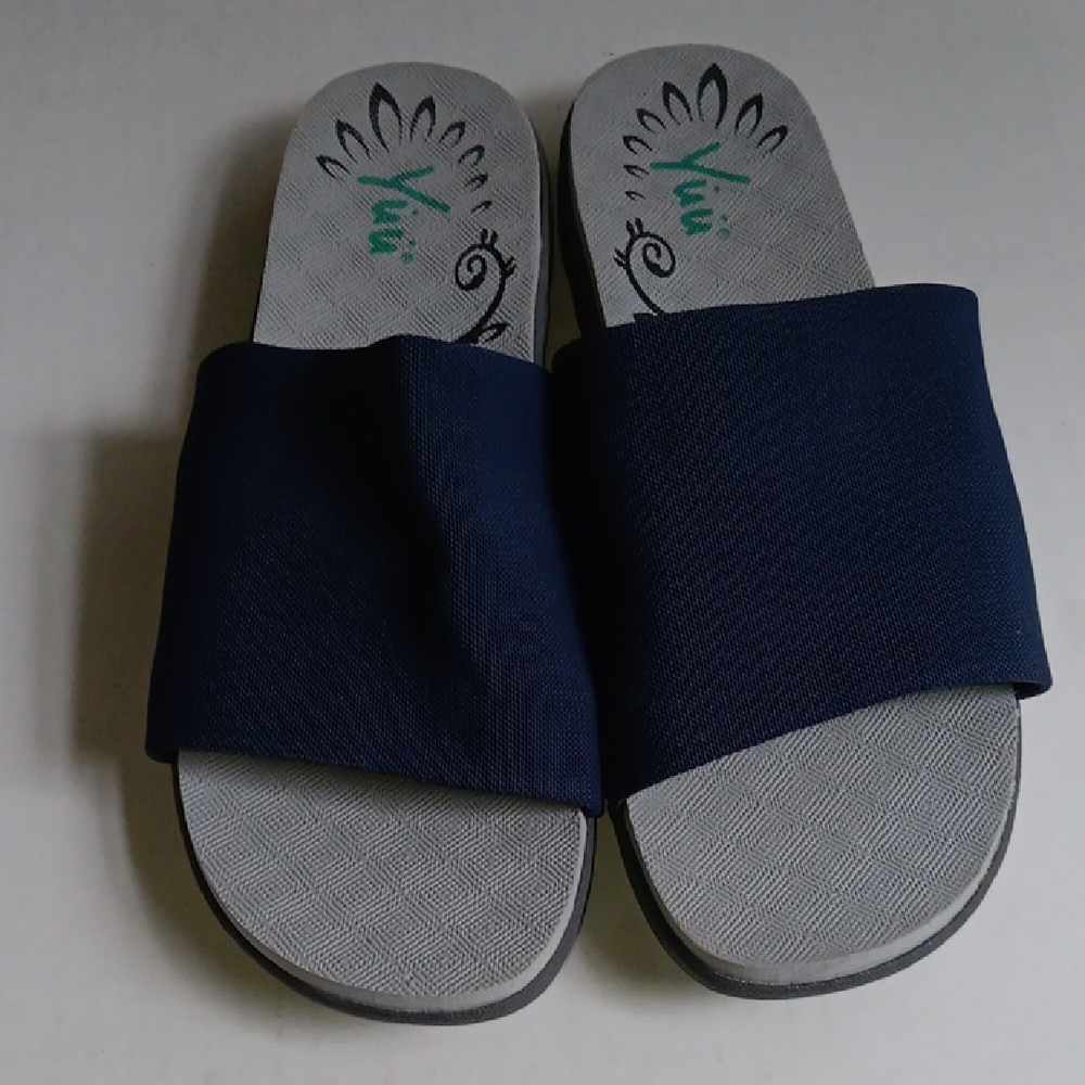 YUU  BLUE & GRAY SLIDE SANDALS WITH  DECORATIVE  FOOTBED